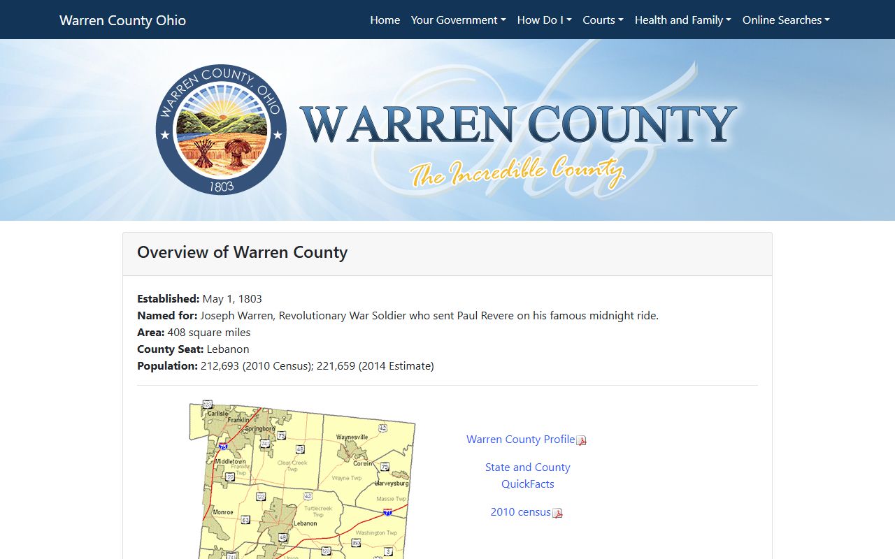 Warren County overview page with county seat and population for court records