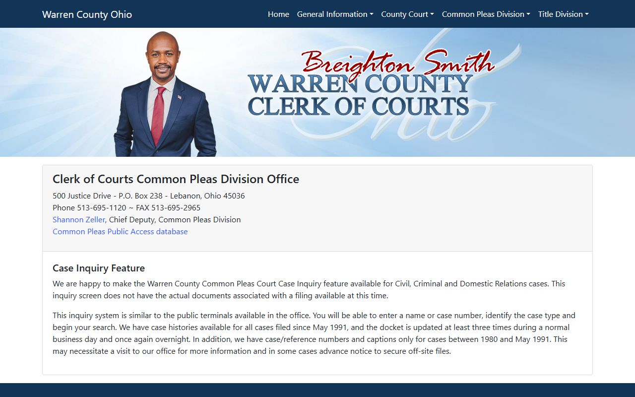 Warren County Clerk of Courts Common Pleas case inquiry page for court records