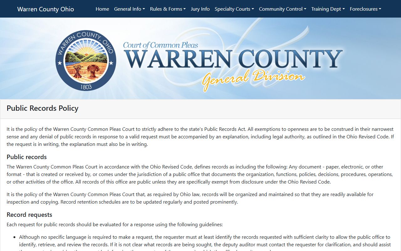 Warren County Common Pleas public records policy for court records