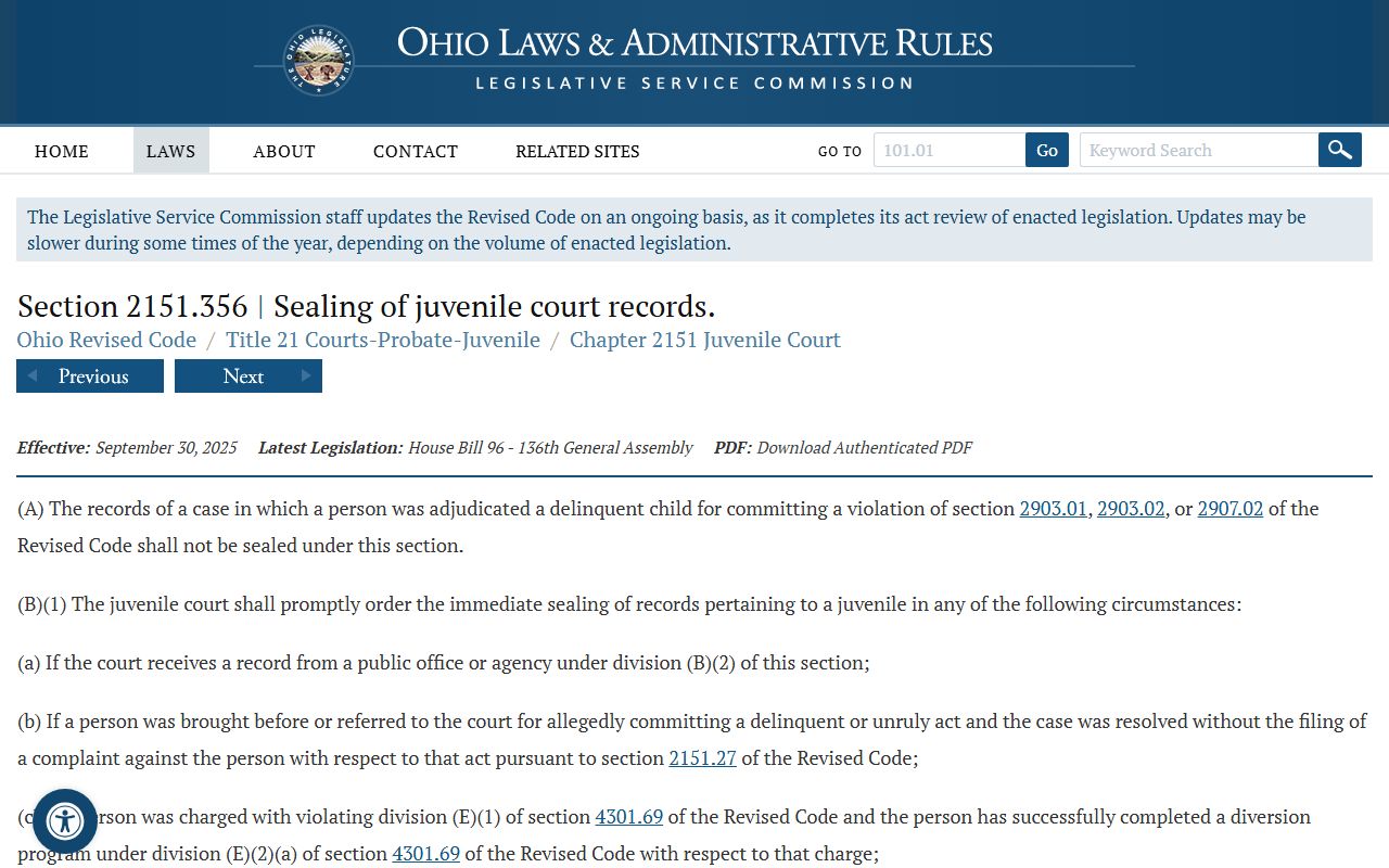 Ohio juvenile record sealing statute 2151.356 for Warren County arrest records