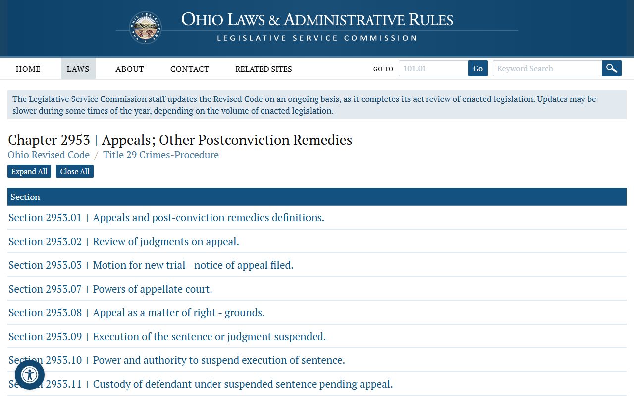 Ohio Revised Code Chapter 2953 sealing rules for Warren County arrest records
