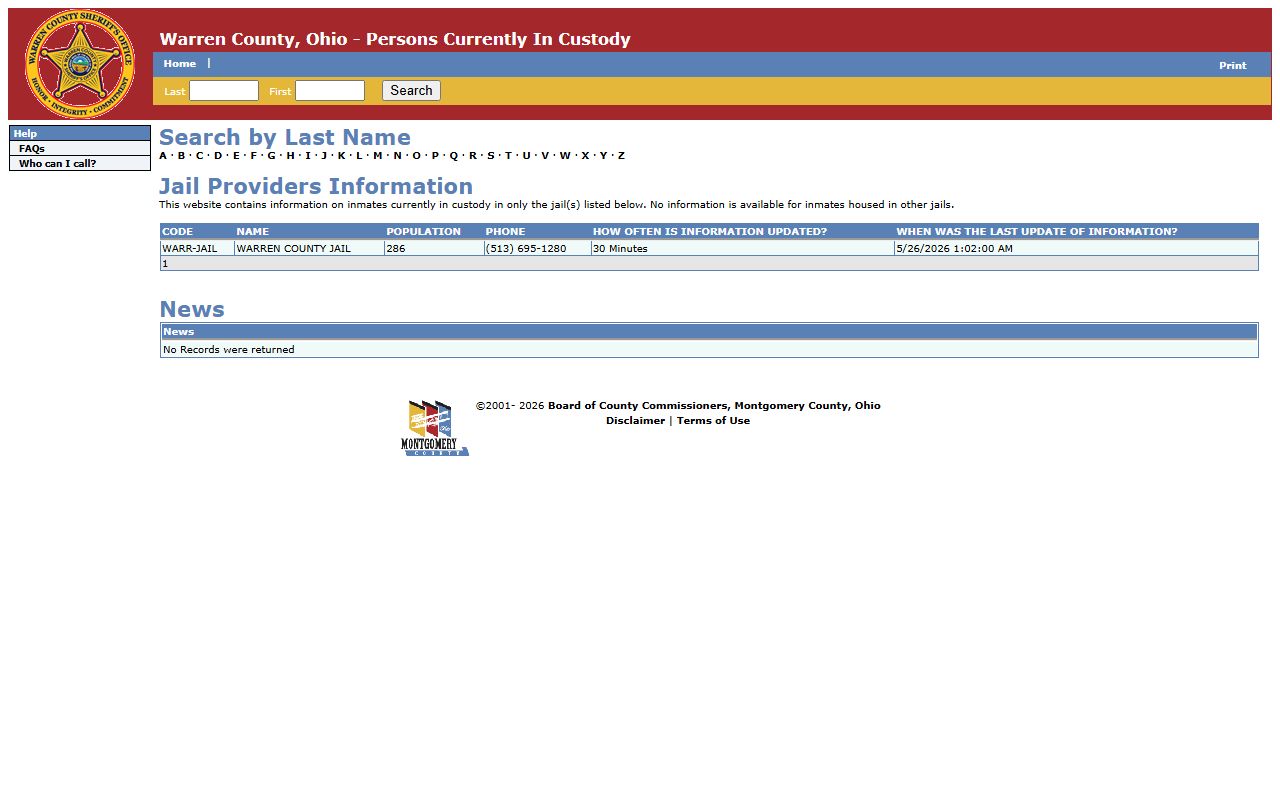 Warren County Miami Valley Jails inmate records portal showing persons currently in custody