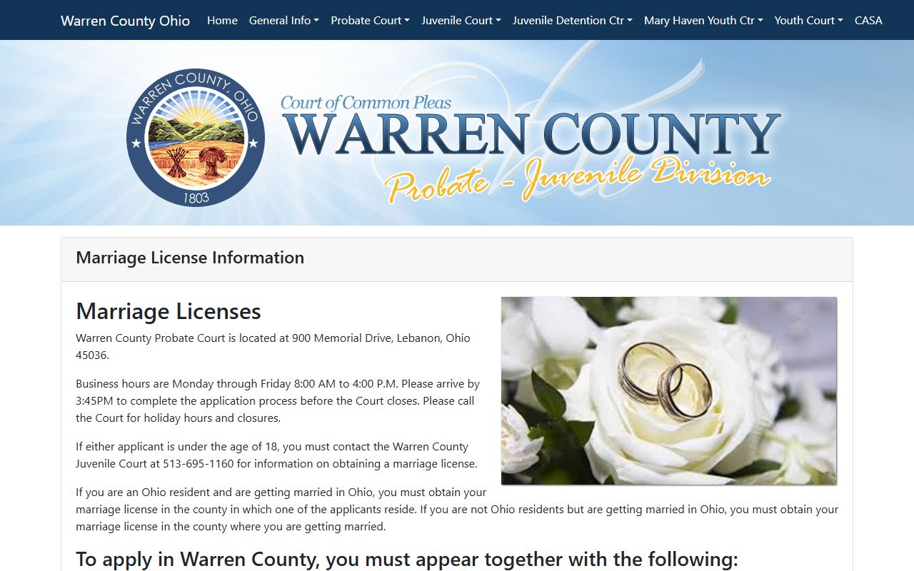 Warren County Probate Court marriage license page within probate records