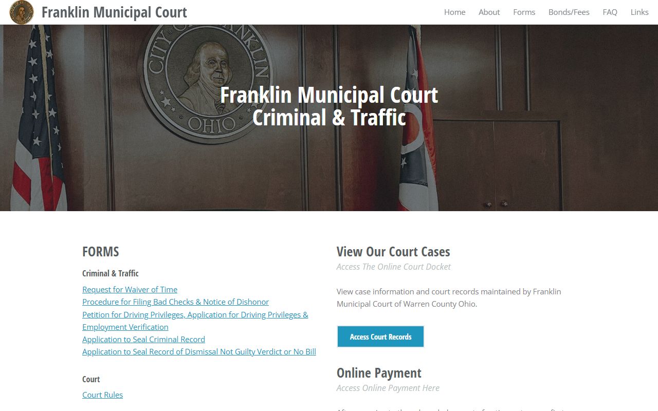 Franklin Municipal Court criminal and traffic page for Warren County traffic court records
