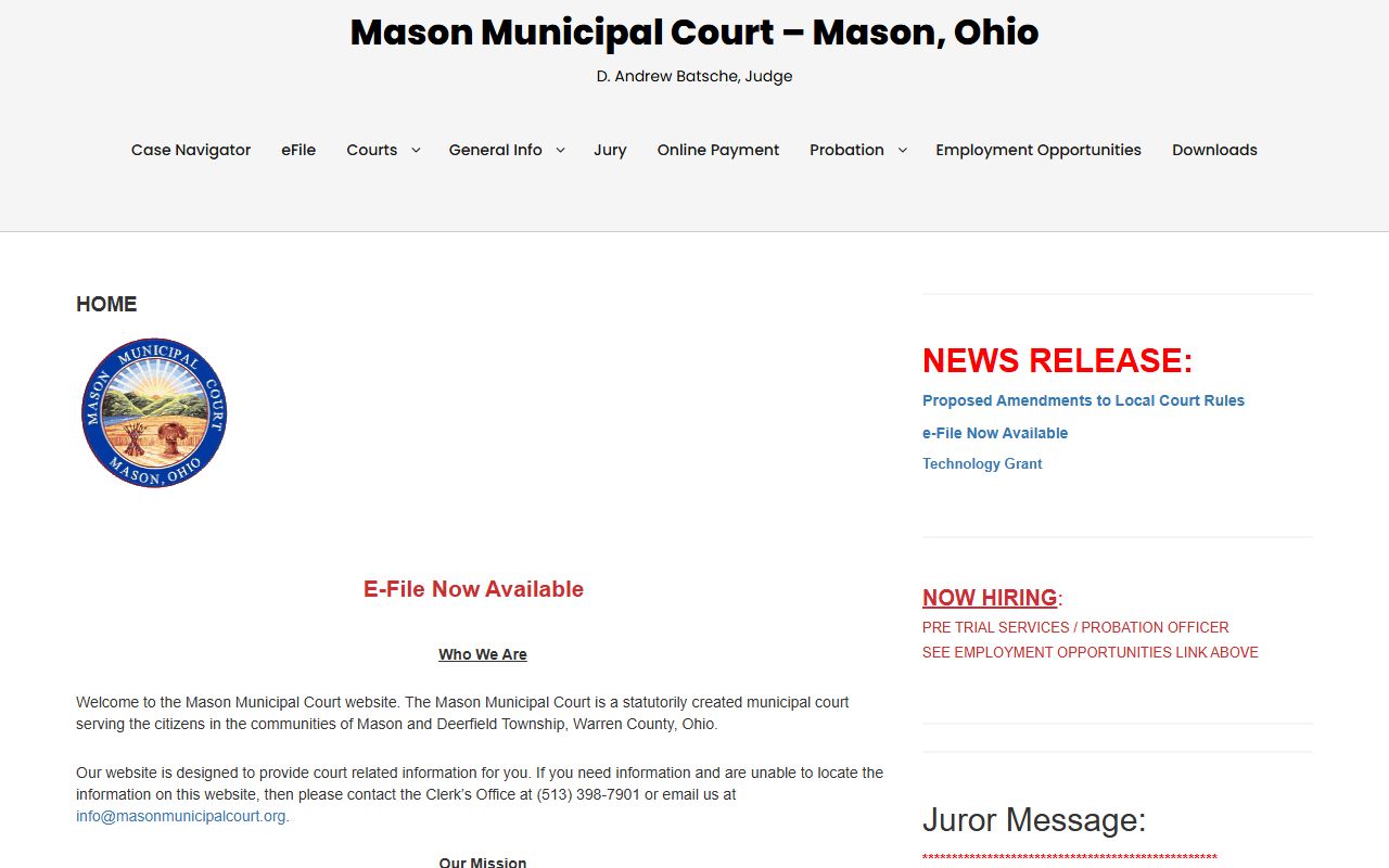 Mason Municipal Court website for Warren County traffic court records